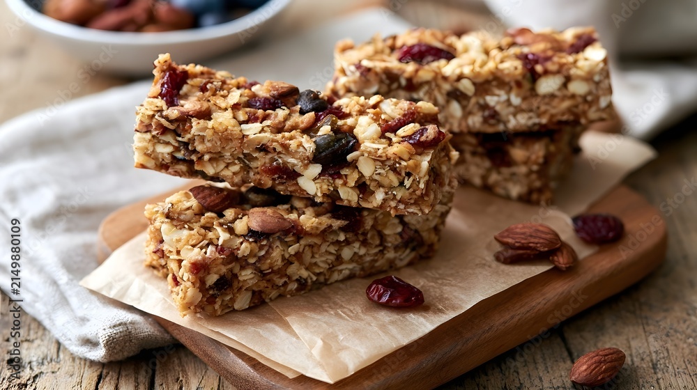 Fototapeta premium Homemade granola bars stacked on wooden board with almonds and dried cranberries scattered around
