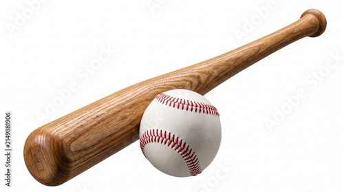 Wooden baseball bat and leather ball with red stitching, professional sports equipment, classic ash wood grain texture isolated PNG with Transparent Background