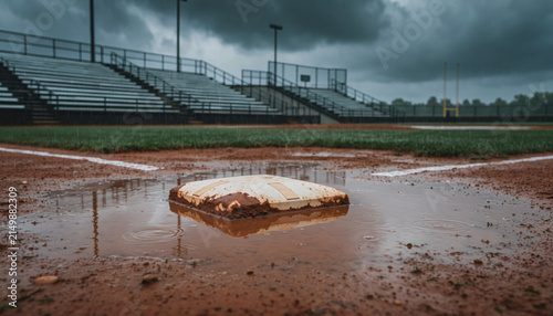 Rain Soaked Baseball Field with Home Plate and Empty Stadium Under Stormy Sky