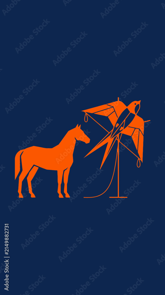 Obraz premium Orange horse and bird kite silhouette on a dark blue background, graphic design, vector illustration