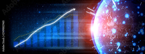 Принти на полотні This image illustrates data visualization of global growth and technology trends, showcasing charts and arrows that signify progress and innovation