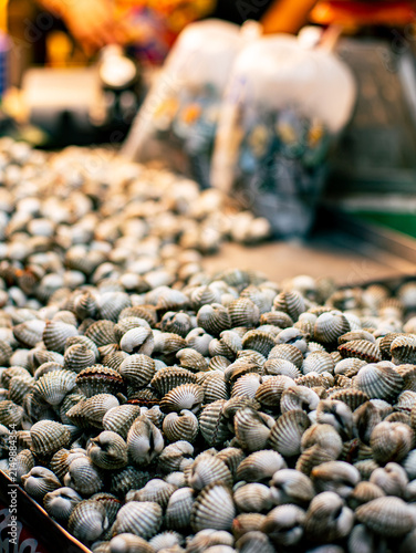 Принти на полотні Fresh Blood Cockle Shells Piled Together Close Up Seafood Market Texture