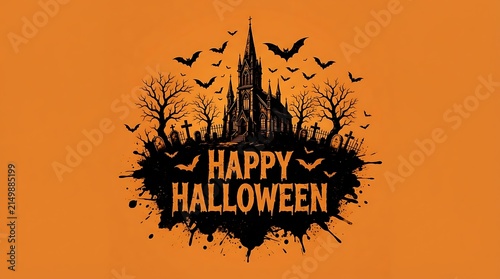 Happy halloween greeting card with haunted church and bats