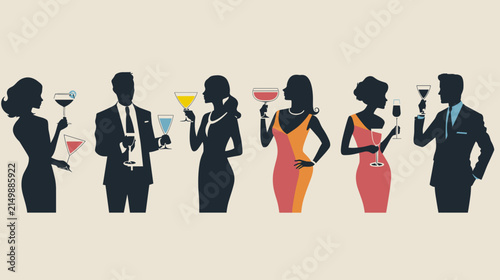 Fotografía Elegant Silhouettes of People in Formal Attire Holding Cocktail Glasses at a Sop