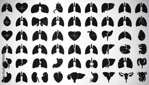 Grid of stylized black lung silhouettes, each filled with unique internal designs like organs, gears, trees, circuitry…