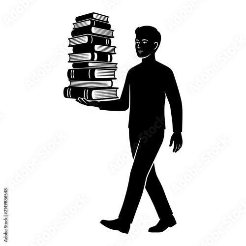 Man walking and carrying stack of books represents knowledge acquisition.