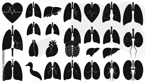 Grid of stylized black lung silhouettes, each filled with unique internal designs like organs, gears, trees, circuitry…
