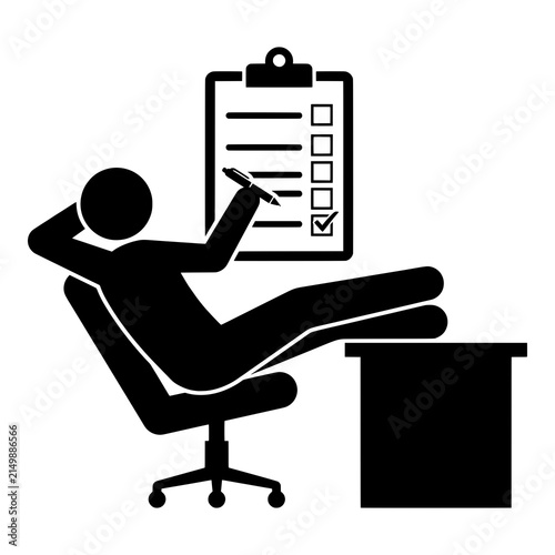 Person relaxing in office chair checking off list on clipboard.