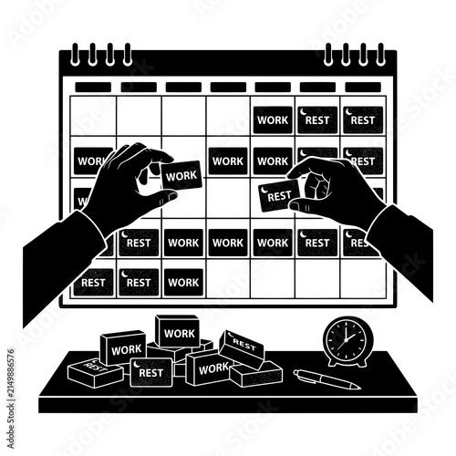 Hands planning work rest schedule on calendar with black icon elements.