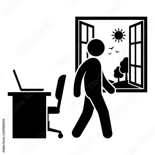 Person walking towards open window with sunny landscape view office icon.