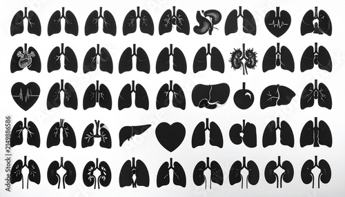 Grid of stylized black lung silhouettes, each filled with unique internal designs like organs, gears, trees, circuitry…