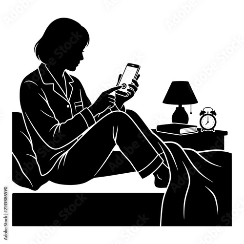 Woman silhouette in bed using smartphone to set morning alarm clock.
