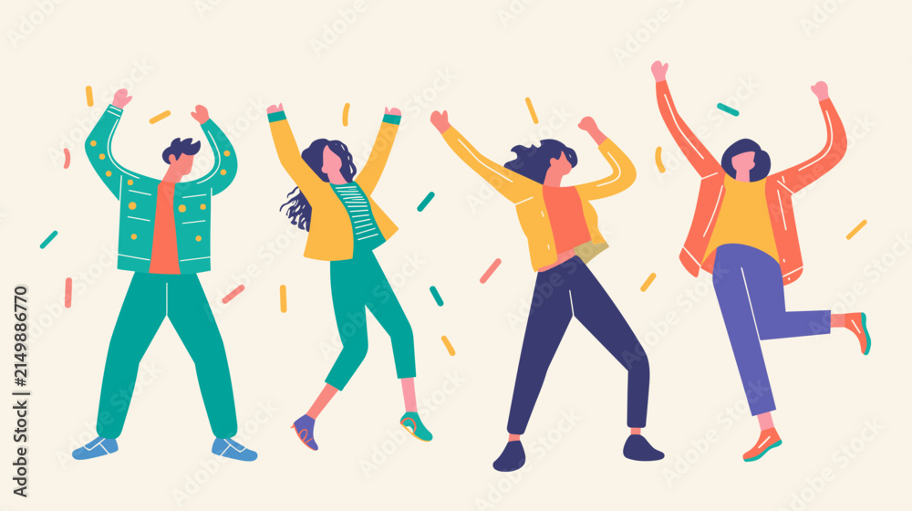 Obraz premium Four People Dancing Joyfully Surrounded by Colorful Confetti Under Warm Lighting