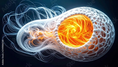 Artistic rendering of biological cell with glowing nucleus radiating orange‑yellow filaments against dark blue background…