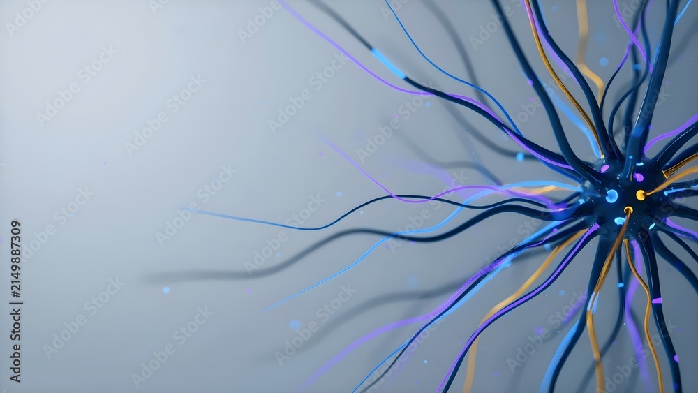 Obraz premium 3D Abstract Neuron Cell with Glowing Axons and Synapses, Artificial Intelligence and Neural Network Concept