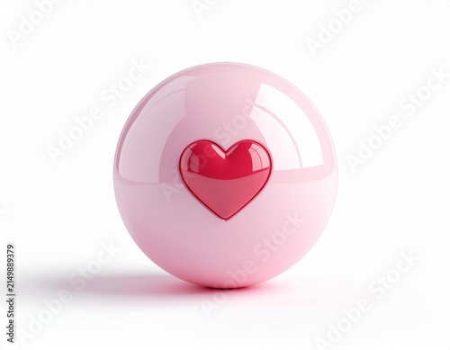 Small glossy red heart inside pale pink pearl sphere, 3D rendered love symbol ball isolated on white background with soft shadow, minimal valentine concept