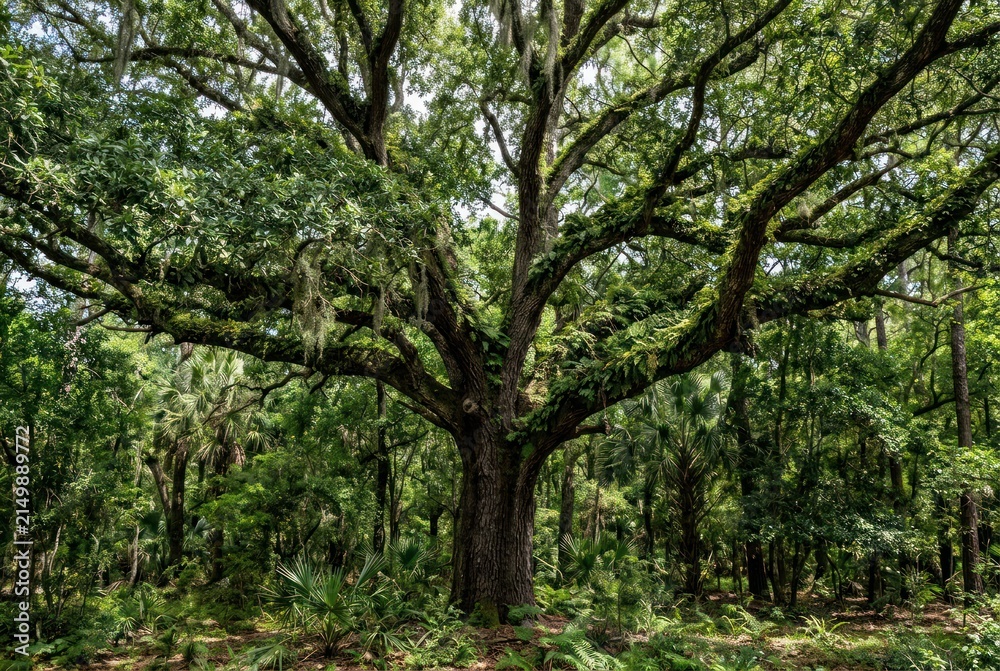 Fototapeta premium Majestic ancient oak tree with sprawling branches in lush forest setting