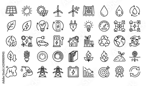 Renewable Energy and Sustainability Thin Line Icon Set