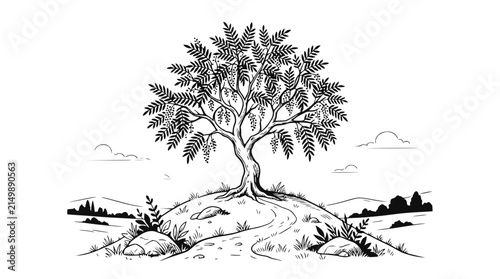 Lone Tree on Hilltop with Winding Path - Black and White Sketch
