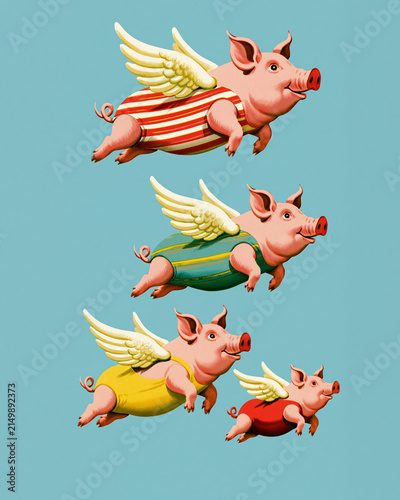 Mid century retro image of four flying pigs