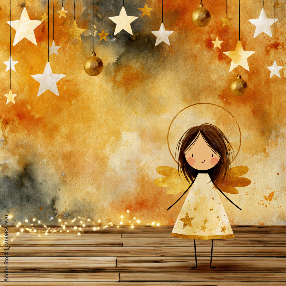 Obraz premium Cute Christmas Angel Watercolor Background – AI Generative