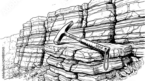 Geology Hammer on Layered Rock Formation - Fieldwork Illustration