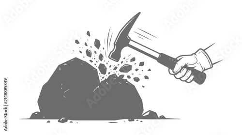 Hand smashing rock with hammer, breaking stone into pieces, concept of effort and power