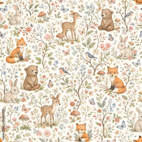 Vintage watercolor woodland seamless pattern with baby deer bear fox bunny and delicate botanical branches, soft natural forest background for kids nursery fabric, gift wrap, tumbler design