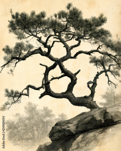 Vintage Botanical Engraving of a Solitary Scots Pine – AI Generative
