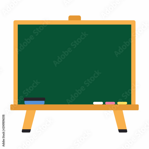 A flat vector illustration depicts a green chalkboard on a wooden stand with an eraser and.