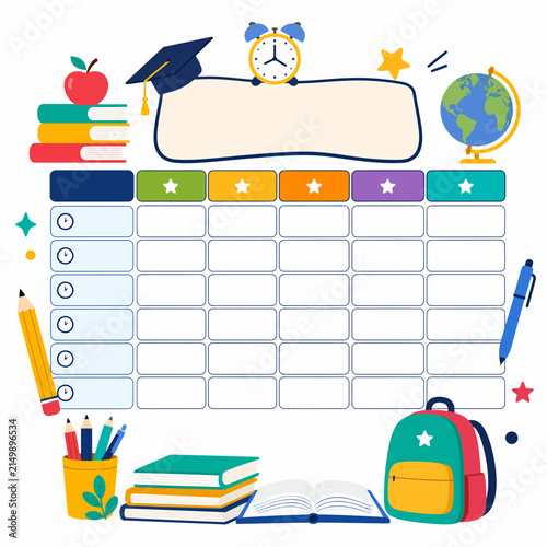 A colorful school schedule planner features educational icons like books, a globe, and a.