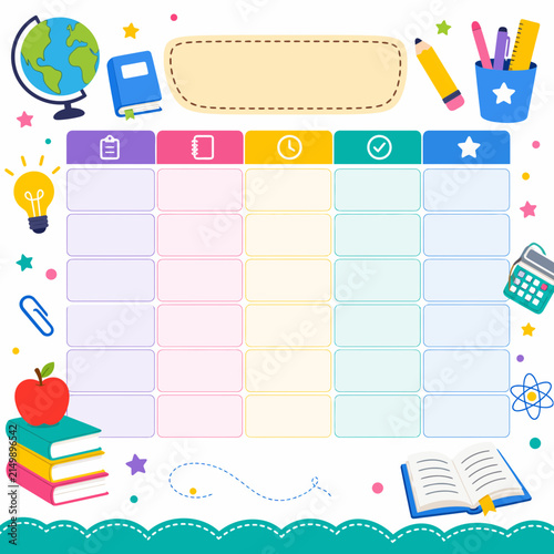A colorful school schedule template is decorated with cute educational icons and.