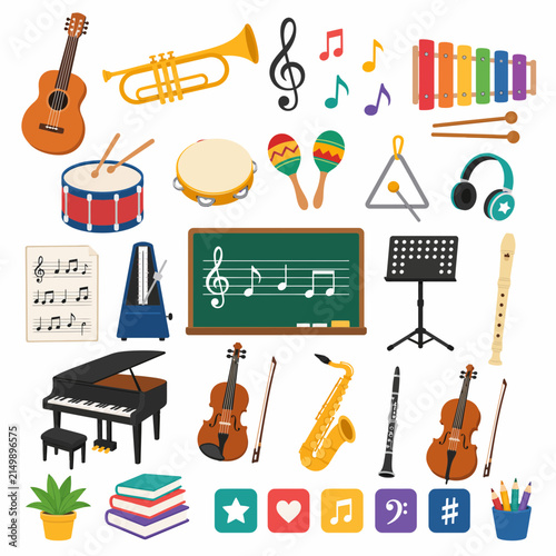 A collection of various musical instruments and symbols is arranged on a white background.