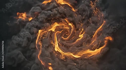 A bright orange fire vortex swirling within dark gray smoke clouds
