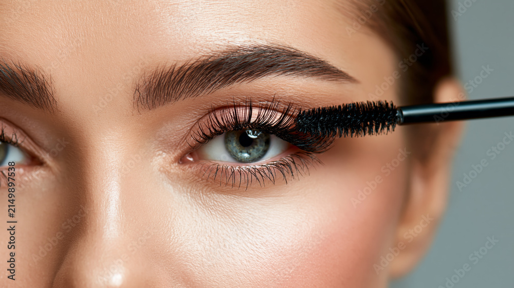 Naklejka premium Close-up of woman applying mascara to long lashes for glam beauty and eye makeup look