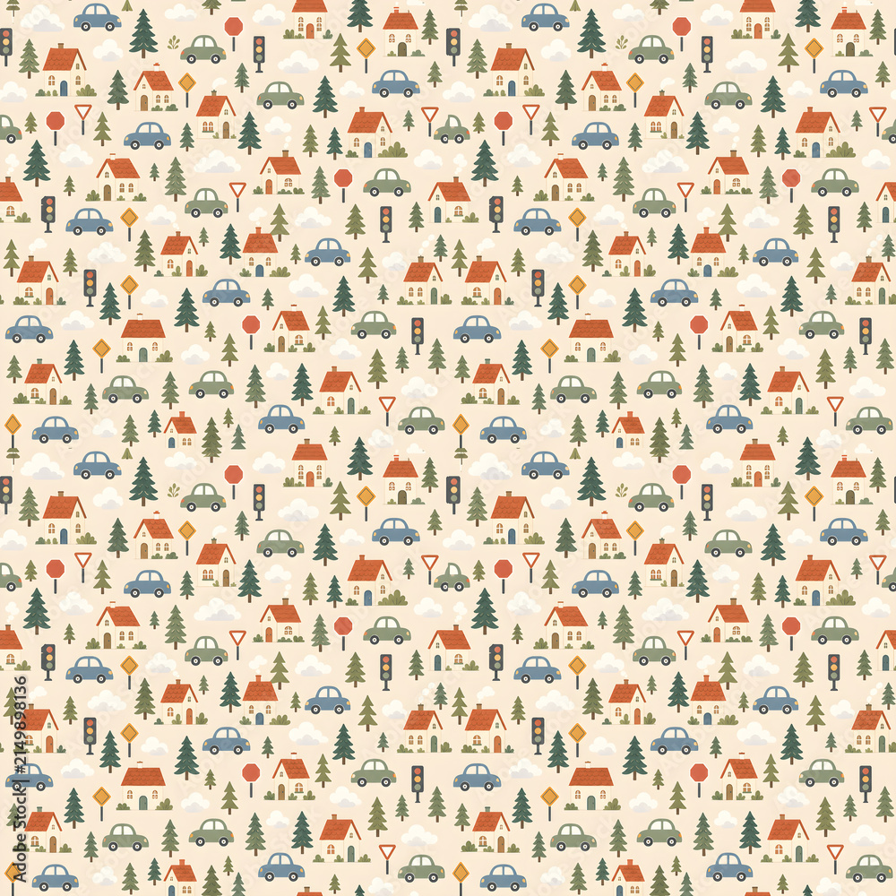 Cute outdoor camping seamless pattern with tents pine trees cars and campfire background for adventure kids nursery fabric wallpaper tumbler POD surface design