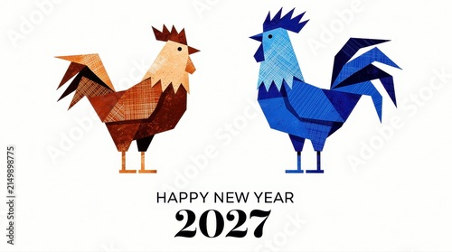 Stylized red and blue roosters standing above Happy New Year 2027 text. Geometric collage illustration with paper texture and minimalist layout. Festive greeting card design for holiday promotions.