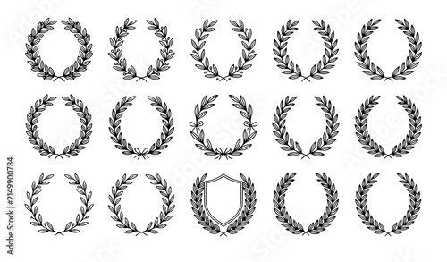 Minimalist laurel wreath vector set featuring fine line art heraldic leaf borders and symmetrical corporate prize emblem frames for luxury logo design