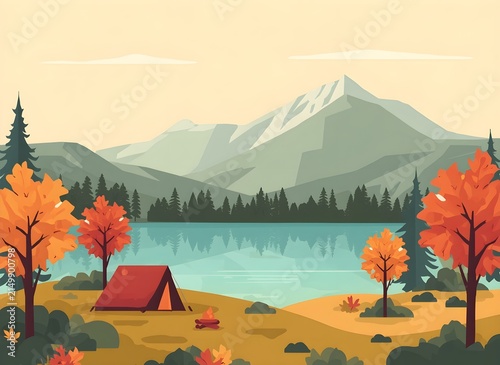 Modern flat vector illustration of a peaceful autumn campsite beside a calm mountain lake, colorful maple trees, cozy tent, layered mountains, clean geometric shapes, warm seasonal palette, spacious c
