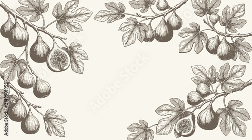 Vintage Black and White fig Branch Floral Vector Illustration with Leaves, Blossoms, Seamless Nature Pattern for Wallpaper and Decorative Design