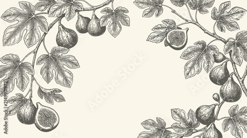 Vintage botanical fig branch border illustration 