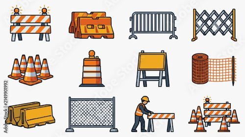 Industrial Construction Safety Barriers and Equipment Set with Bright Orange and White Traffic Control Icons