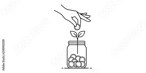hand dropping a coin into a glass jar continuous one line drawing, Hand dropping coin into glass jar with growing plant continuous one line drawing minimal silhouette vector illustration savings