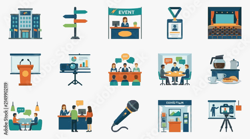 Dynamic Illustrated Guide to Diverse Conference and Event Elements with Vibrant Icons with high quality professional line art symbols for modern creative design and digital branding projects