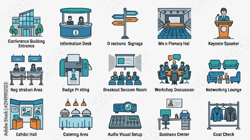 Minimalist Illustrated Guide to Conference Building Layouts and Event Areas with Icons with high quality professional line art symbols for modern creative design and digital branding projects