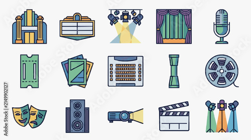Minimalist Colorful Icons Set Featuring Theater Film and Media Equipment with Flat Design Style