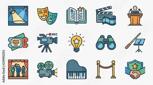 Minimalist Colorful Icons Set Featuring Theater Film Literature and Creative Arts Symbols with high quality professional line art symbols for modern creative design and digital branding projects