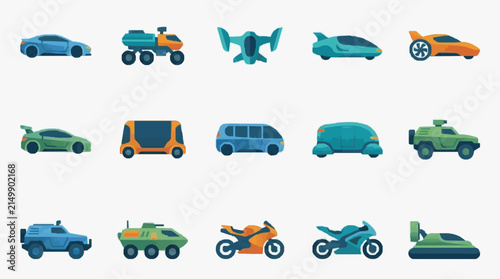 Dynamic Collection of Colorful Futuristic and Classic Vehicles and Aircraft Illustrations with high quality professional line art symbols for modern creative design and digital branding projects