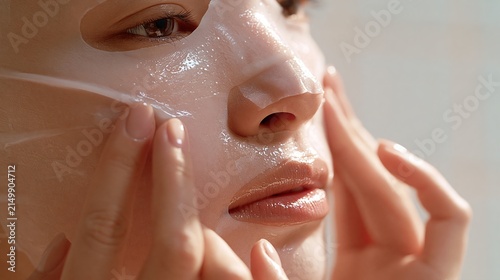 Close-up beauty photography of a Japanese woman smoothing the edges of a sheet mask onto her face with her fingertips, soft dewy glowing skin, soft diffused natural light 