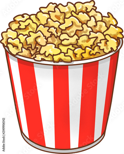 Crispy popcorn in classic striped red bucket movie theater snack illustration element